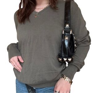 Tommy Hilfiger Silk Cotton Blend V-Neck Long Sleeve Olive Green Minimalist Top